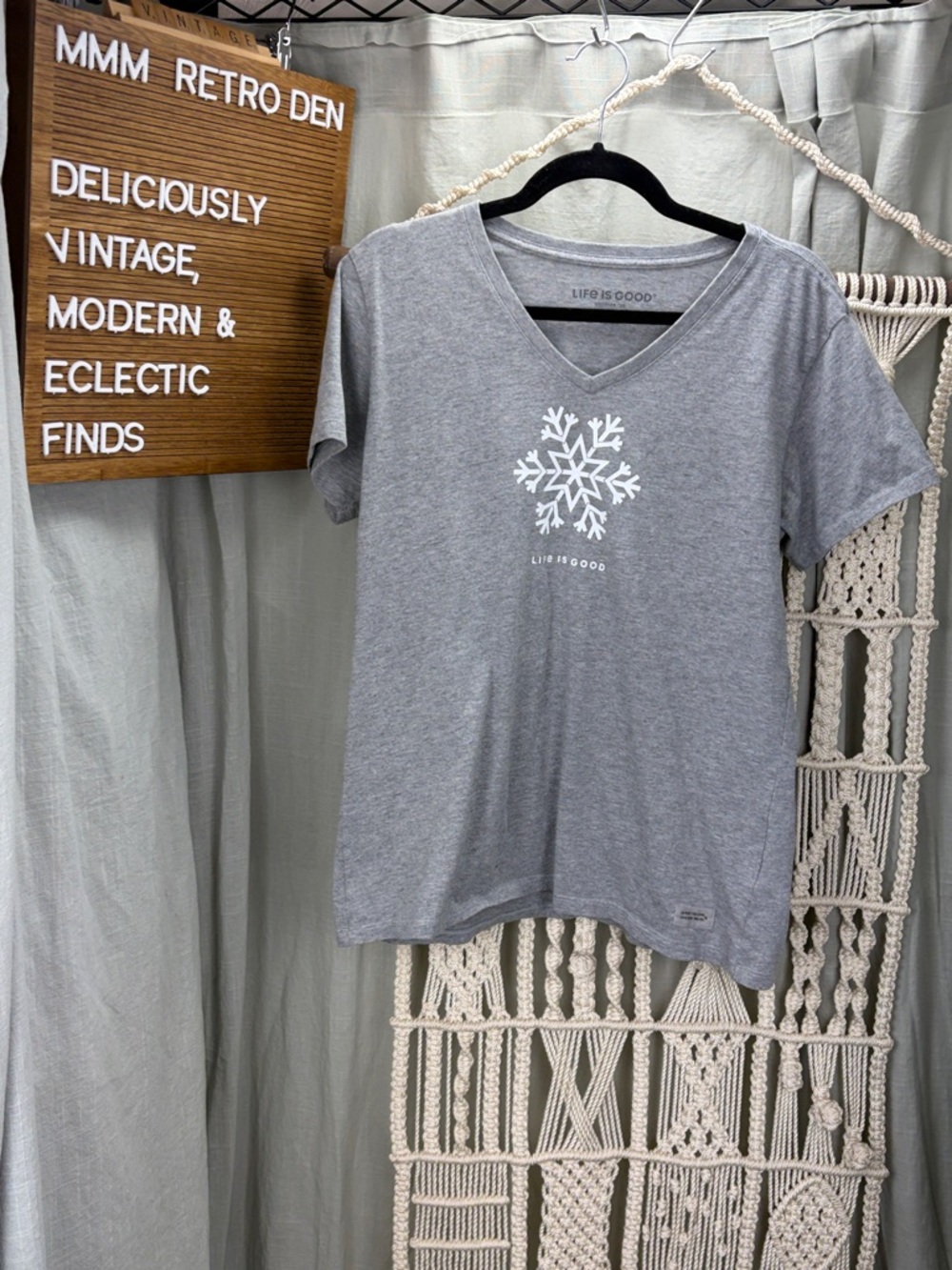 Life Is Good Gray V-Neck Tee with White Snowflake Graphic | Large